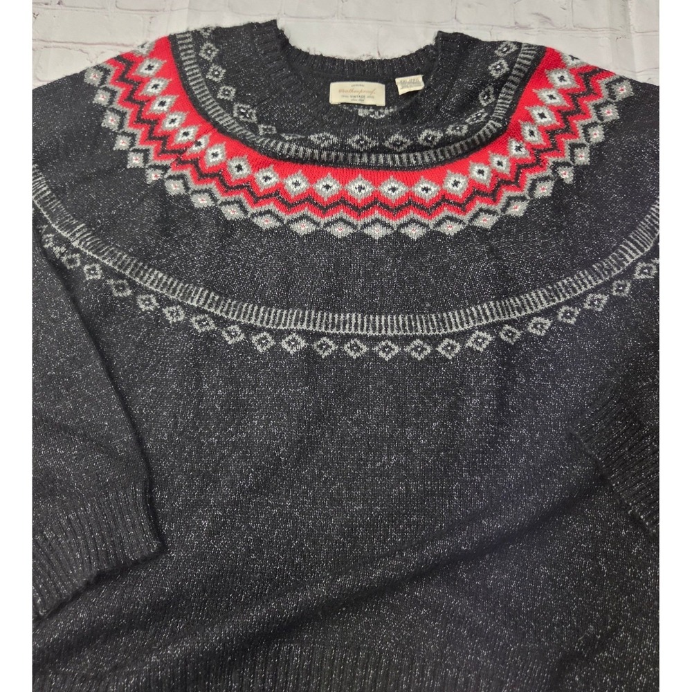 Weatherproof Vintage Womens Fair Isle Crewneck Sweater Charcoal Red Metallic XXL